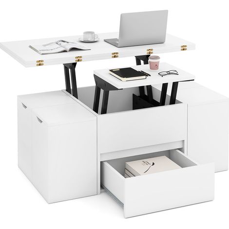 Table Basse avec Plateau Relevable et 4 Tabourets de Rangement, Compartiment Caché & Tiroir, Table Basse Carrée pour 4 à 8 Personnes, Blanc (1/5)