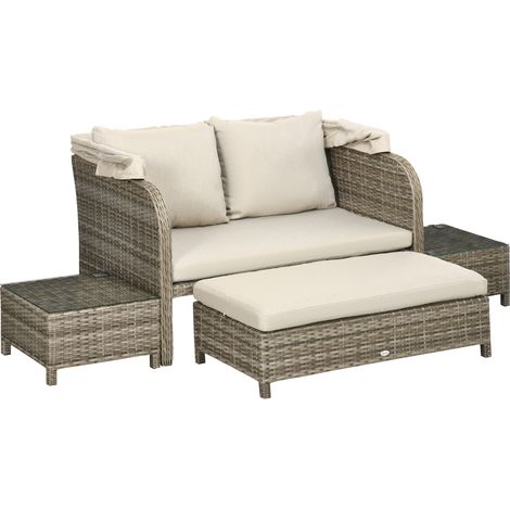 Canapé 2 places + repose-pieds + 2 tables basses salon de jardin 4 pièces beige marron coussins
