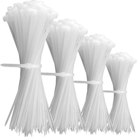 Lot de 400 serre-câbles – 100/150/200/300 mm (100 pièces chacune) – Nylon, différentes tailles, super durables et autobloquants – Pour la gestion des câbles, la maison et l'atelier (blanc (1/5)