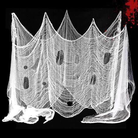 Tissu blanc pour Halloween, gaze d'Halloween 215 x 500 cm, toile décorative blanche — Tissu blanc au style effrayant, idéal pour les maisons hantées et les entrées extérieures. (1/5)