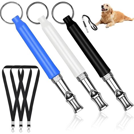Dogepfeife – 3 pièces Haute fréquence Dogepfeife (avec la tonalité, Noir/Blanc/Bleu), métal éducation Aide avec Lanyard, pour Toutes Les Races de Chiens (1/5)