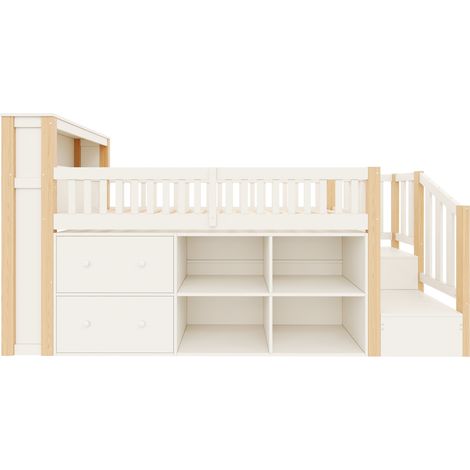 Lit mezzanine 90 x 200 cm avec tiroirs, rangement, échelle et LED, naturel (1/5)