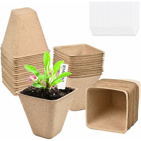 Lot de 50 Pot Semis Biodegradable, 8x8 cm Pots de Culture avec 50pcs Etiquette Plante, Pots de Semis, Godet de Semis pour Graines, Semis, Germer (8x8 cm) (1/5)
