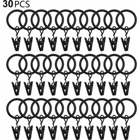 30 Stück Gardinenringe mit Clips, stabile Gardinenclips, Haken für Spannstangenhalterung, Metallösen mit Innendurchmesser, dekorative Gardinenaufhänger, schwarz (1/4)