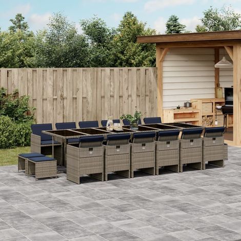 17-teiliges Garten-Ess-Set mit Kissen, grau, Polyrattan