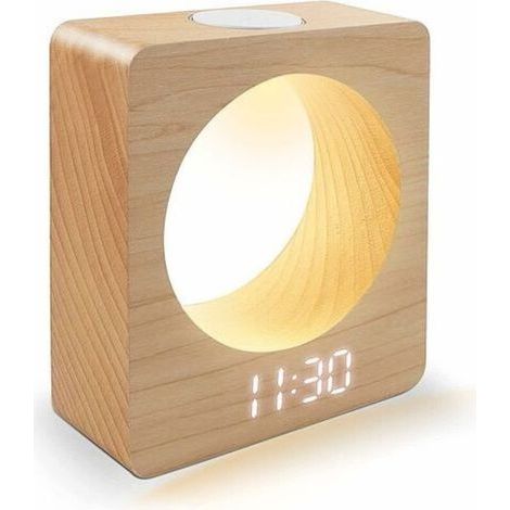 Réveil lumineux enfant en bois hêtre – Affichage LED clair – Alimentation USB – 3 niveaux de luminosité – Détection de température (1/5)