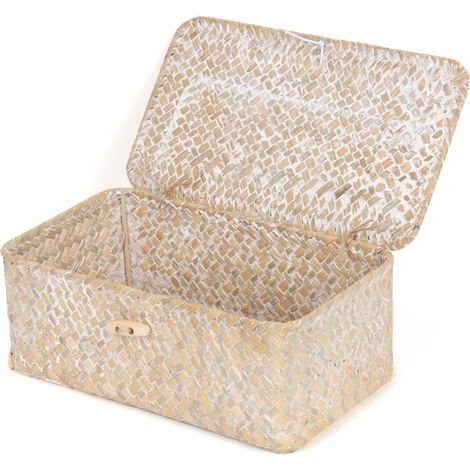 Paniers de rangement rectangulaires en osier avec couvercle, en jonc de mer tissé à la main pour étagères, bureau, maison (blanc, taille XS) (1/5)