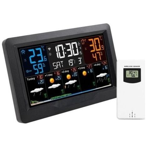 Wireless Stazione Meteo con 1 Sensori Interni, Esterni,tv LCD con 4 Rétroéclairages Regolabile, Stazioni Radio, Meteo Tempo, Previsione Meteo, Barometro, orologio con Sveglia (1/5)