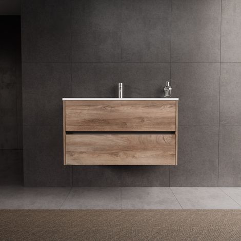 Inda - Badezimmerschrank 2 Schubladen L.100 mit glänzendem Waschbecken / Natureiche - Diamante