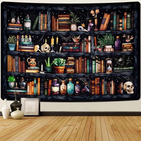 Wandteppich mit Bibliotheksmotiv, Wandteppich mit Zauberbuchmotiv, Wandteppich mit schwarzer Katze zur Schlafzimmerdekoration (51,2 x 59,1 Zoll) (1/4)