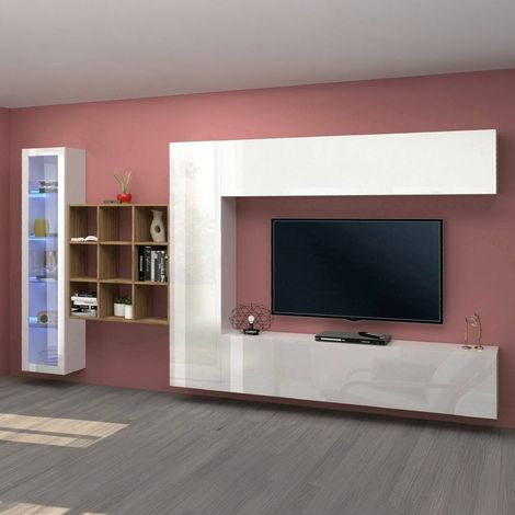 Dmora - Meuble Mural Dcapann, Ensemble de salon Meuble TV avec 4 portes, Meuble de salon polyvalent avec vitrine et lumière LED, 100% Made in Italy, cm 310x30h180, Blanc brillant et Érable (1/5)