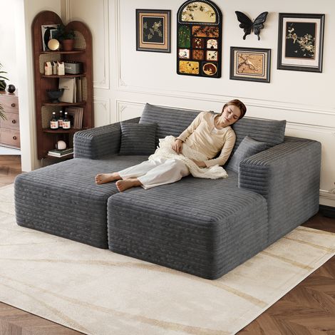 Bequemes Corduroy-Sofa moderne minimalistische bekleidete Couchen,Schwamm Chaiselongue Sofa für den Wohnraum, Modernes modulares Boneless Modular Sofa,Schlafsofa,Dark Grey – Entpacken und entspannen S (1/5)