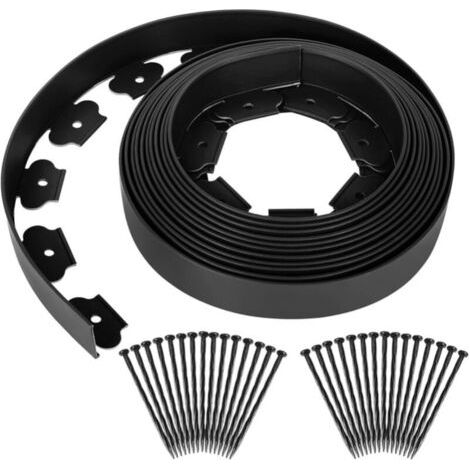 Bordure de pelouse plastique flexible Bordures pour jardins, séparation de l'herbe et des pierres, avec 30 clous de fixation, 10m de long, noir,5 cm de haut (1/4)