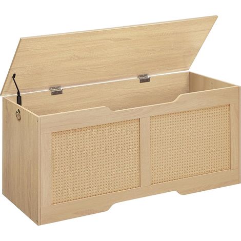 Coffre à Jouets, Banc de Rangement décoratif en rotin Artificiel, Coffre de Rangement de 110 cm de Long, avec charnière de Soutien, Organisateur à Jouets, Couleur Bois Naturel ENL22CW01 (1/5)