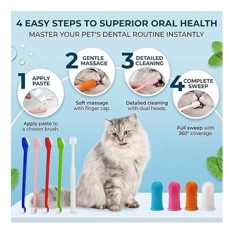 Kit de Brosse à Dent pour Chien et Chat, avec Brosses Double Tête, Brosse à 360 Degrés et Doigtiers Dentaires en Silicone Souple, Brosse a Dent Chat, pour Nettoyage des Dents (1/4)