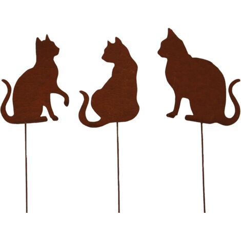 Sollbry Lot de 3 piquets de Jardin en Forme de Chat - Décoration de Jardin Aspect Rouille - Piquet en métal rouillé - Décoration pour Jardin, terrasse, Balcon