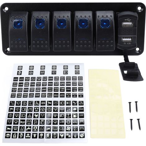 Ortviai Tableau de commande à bascule 5 voies avec chargeur USB double 4,8 A et voltmètre pour véhicules 12-24 V (1/5)