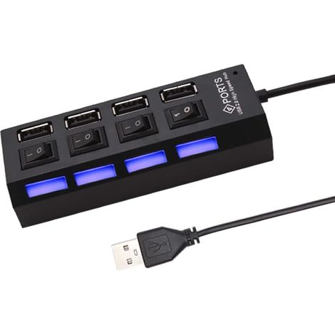 Hub USB 2.0 multi-ports avec adaptateur secteur, hub USB 2.0 4/7 ports avec commutateur pour PC (4 ports - Noir)