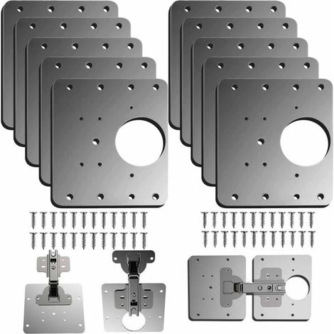 10 Pièces Plaque Reparation Charniere Porte d'armoire,plaque de réparation de charnière de porte de placard de cuisine avec trou, supports de fixation plats en acier inoxydable avec vis (1/4)