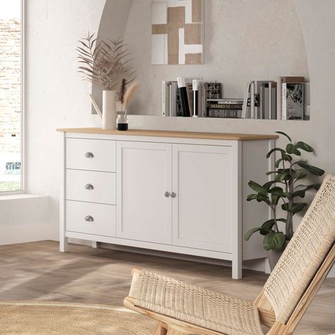 Buffet 2 portes 3 tiroirs 150x40x80 cm blanc et chêne - ZRATA