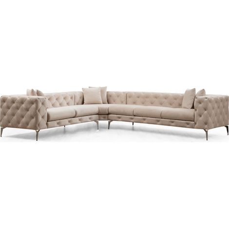 Les Tendances – Canapé d'angle droit capitonné velours beige clair – Longueur 270 cm – Pieds chromés – Confort optimal avec coussins moelleux (1/5)