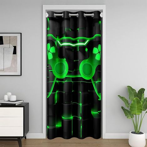Géométrie Rideau de Porte 150x203 Jeu Rideau Occultant Jeune Noir Vert Foncé Console de Jeu Vidéo Grille Rideau de Porte 3D Gamepad Carré Contrôleur de Jeu Luminescent Checker Rideau Porte Entrée - 15 (1/5)