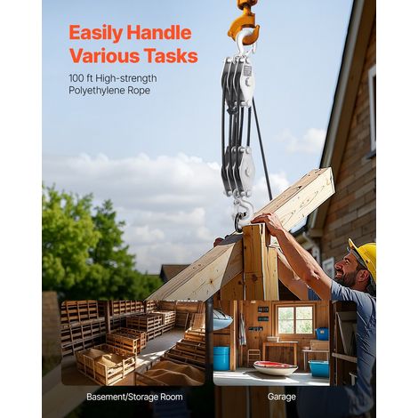 Palan à Poulie à Corde 30,48 m, Résistance à la Rupture 2 T, Système de Poulie avec 2 Boucles Souples, Rapport de Levage 5:1, Structure de Roulement à Roues en Métal, pour Soulever Objets Lourds (1/5)