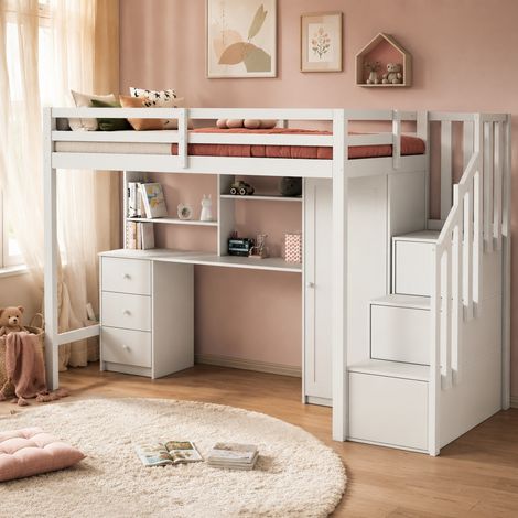Letto a soppalco per bambini 90x200 cm con scrivania, armadio e contenitori, bianco HAVRYA (1/5)