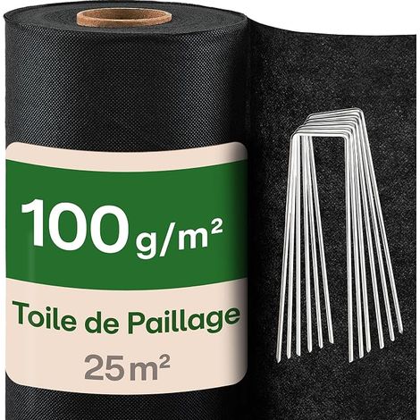 Toile de Paillage 25 m² – Géotextile 100 g/m² – 12 Piquets Inclus (1/5)
