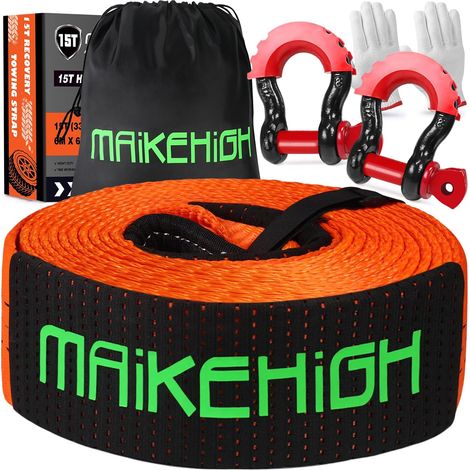 Towing Ropes 15 Tons (33,700 Lbs), 6 m x 7.6 cm Tow Strap with 2 Reinforced Hooks and 2 Gloves for Car Off-Road Recovery (1/5)