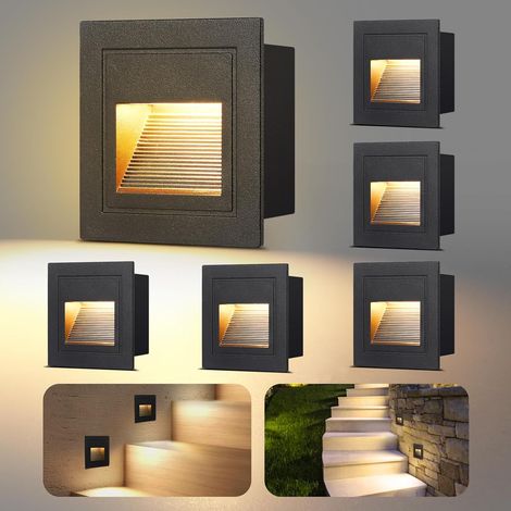 6 Pièces Lampe D'escalier LED 3W 300LM, Éclairage Mural 230V 3000K, Éclairage D'escalier IP65, Boîtier de Montage Encastré 68mm, 85 X 85mm, Applique Murale LED Encastrée Aluminium Noir (1/5)