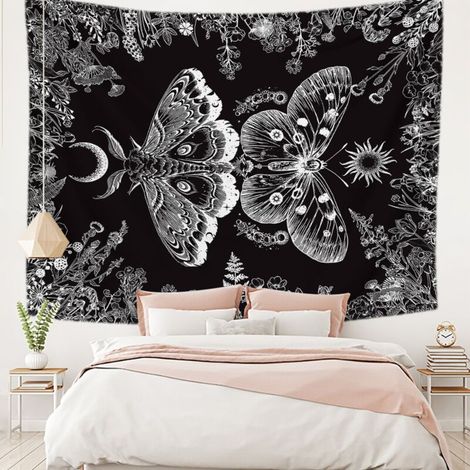 Tapisserie esthétique de papillons, de plantes et de fleurs, tapisserie bohème de papillons,tapisserie noire et blanche à suspendre au mur pour chambre à coucher ou dortoir (130 x 150 cm)