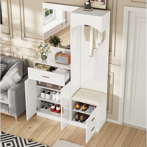 Vestiaire d'entrée en MDF blanc 110 x 33 x 185,5 cm avec miroir, meuble à chaussures, banc et étagères réglables (1/5)