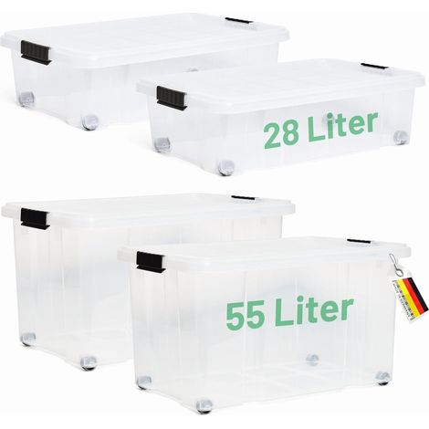 Coffret de rangement Novaliv 4 pièces avec couvercle, transparent, 2x 55 L + 2x 28 L, emboîtable, empilable, fermeture à clip, boîtes à roulettes
