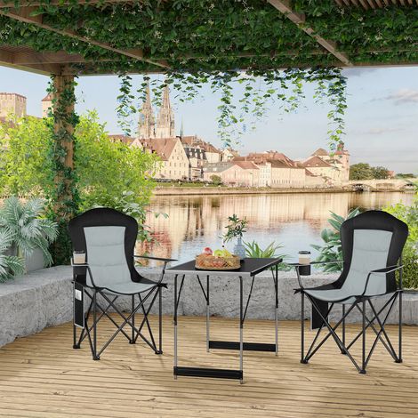 WOLTU Campingstuhl 2er Set Faltbar Gartenstuhl 150kg Belastbar Klappstuhl mit Armlehnen Getränkehaltern, Leichter Angelstuhl für Outdoor Camping Strand Terrasse Picknick, Schwarz + Hellgrau (1/5)