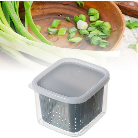 Boîte de rangement pour fruits et légumes à 2 compartiments pour réfrigérateur, idéale pour les oignons, le gingembre, l'ail et les légumes verts. (1/5)