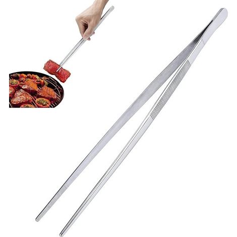Dos pinzas de cocina de acero inoxidable, pinzas de chef de 30 cm de largo, utensilios para asar y cocinar, pinzas largas rectas. (1/5)