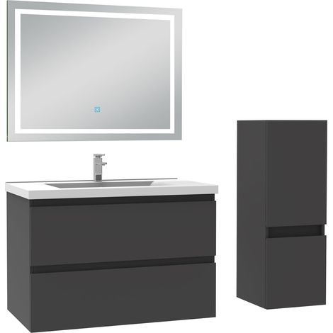 Ensemble meuble de salle de bain 80cm, vasque céramique + colonne bas + LED miroir mural, anthracite (1/5)