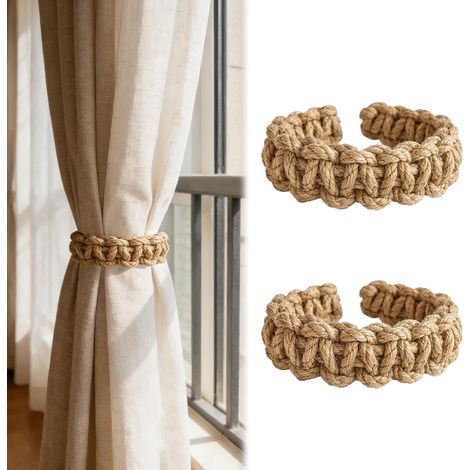 Embrasse Rideau sans Percage Lot de 2 en Corde Tressée Beige, Embrasses Rideaux Bohème, Attache Rideaux Flexible à Former, Pince a Rideaux Décorative pour Salon Chambre, Style Naturel (1/5)
