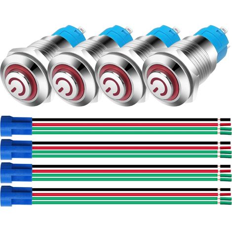 4 Stück 12 mm SPST Edelstahl-Drucktaster mit automatischer Verriegelung 3 V-5 V-6 V-7,5 V-9 V-12/3 A LED NO wasserdichter Kippschalter mit Kabelstecker (rot)