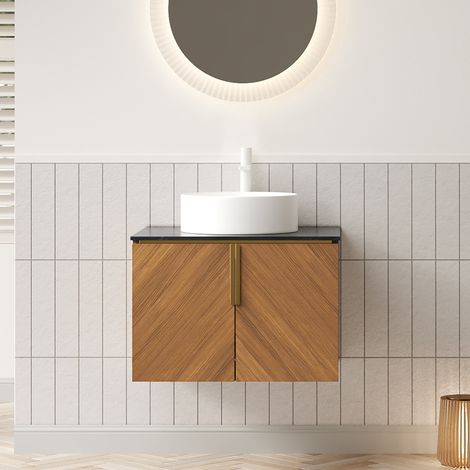 Meuble vasque mural ARAI 61 cm avec vasque ronde en céramique blanche, plan de travail en pierre frittée noire, armoire en contreplaqué à 2 portes, finition chêne brun. (1/5)