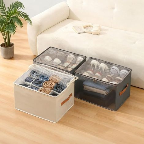 Boîte de rangement à chaussures pliable avec couvercle, organiseur en tissu Oxford à 12 compartiments avec fenêtre transparente sous le lit, noir (1/5)