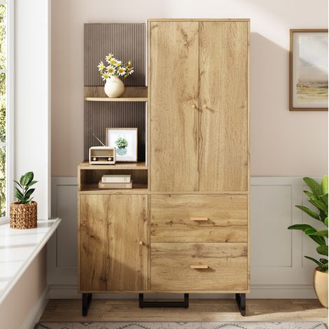 Guardaroba da ingresso 110x38x186 cm nero e naturale in MDF con pannelli imbottiti, cassetti e scarpiera (1/5)