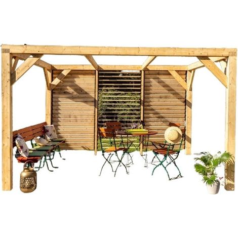 Pérgola de jardín de abeto Douglas de 340 x 312 cm – Cenador con respiraderos móviles en una pared – Postes de 120 x 120 mm – VTDO3431V Foresta