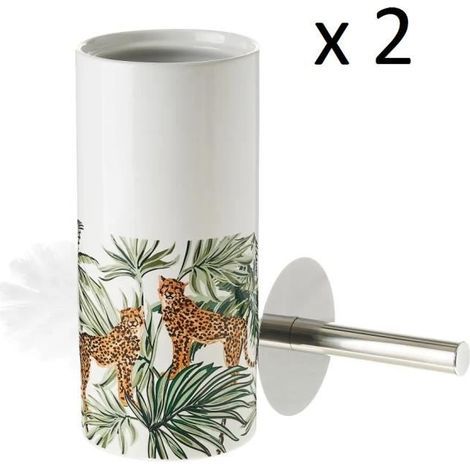 Lot de 2 brosse de toilette WC avec support, porte brosse WC en céramique avec motif imprimé animal - Diamètre 10 x Hauteur 32 cm (1/4)