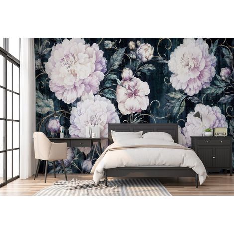 Papier peint panoramique fleurs et pivoines glamour roses pour salon et chambre 254x184 cm (1/5)