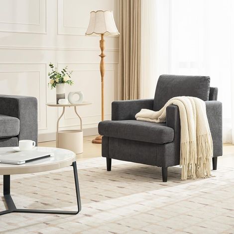 Fauteuil Salon, Fauteuil Relax,avec Accoudoirs et Dos épais, Siège Rembourré, Fauteuil Rembourré Simple Salon Chambre, en Lin GRIS (1/5)
