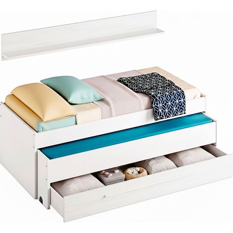 Letto A Castello Salvaspazio Con Letto Estraibile Cassetto E Mensola Design Nordico Ideale Per Camerette Piccole Pratico Robusto E Funzionale 65 × 199 × 96 Cm Bianco e Bianco Effetto Legno