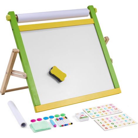 Chevalet de table artistique pour enfants, 3-en-1 en bois, double face avec tableau magnétique, ardoise, rouleau de papier, pliable et portable, accessoires de peinture inclus. (1/5)