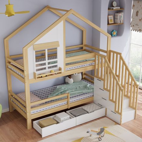 Lit superposé 90x200 cm, Lit mezzanine avec fenêtre, escalier sécurisé, rangement et barrière de sécurité, pour enfant, bois blanc et naturel, sommier à lattes inclus, sans matelas (1/5)